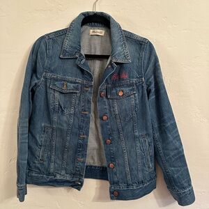 Madewell Blue Denim Jacket with Red "Buddy" Embroidery